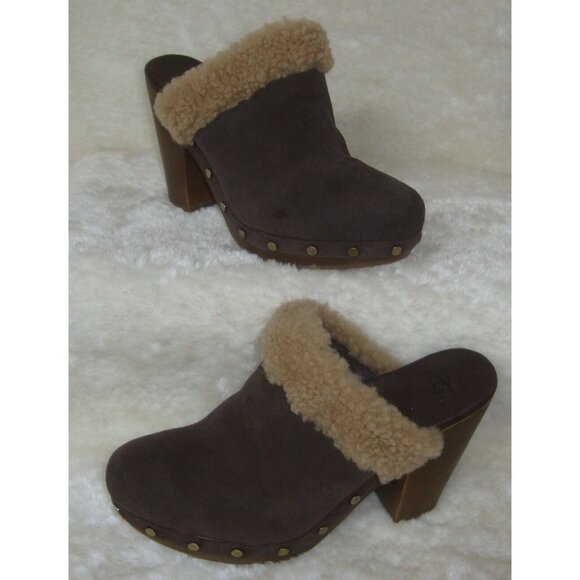 UGG Adele Brown Suede Sheepskin Studded Clogs Heels Mules Shoes Women Size  US 7 - Picture 8 of 12